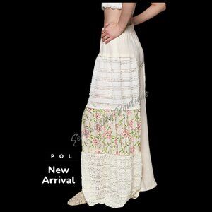 POL Fluttering Lace & Double Gauze Floral Patch Exaggerated Wide Leg Pants